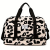 A beige and black leopard print nylon travel duffle bag with black handles.