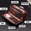 A brown PU leather zipper wallet displaying cash, bills, cards, and a photo in multiple slots.