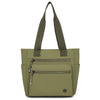 A olive green canvas tote bag with two zippered pockets and thick straps.