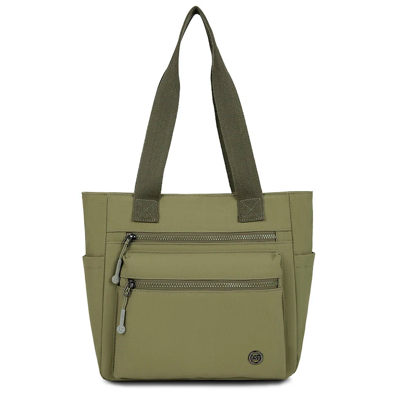 A olive green canvas tote bag with two zippered pockets and thick straps.