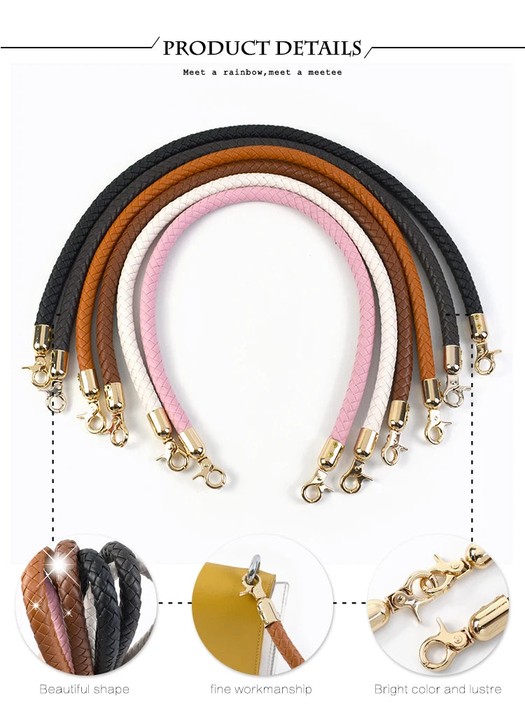 A rainbow of replaceable leather bag handles with metal buckles in various shades including black, brown, pink, and beige.