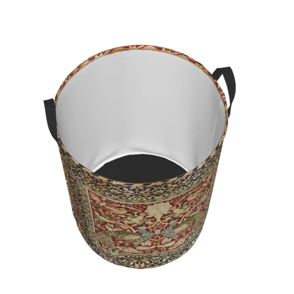 A vintage floral laundry hamper made of woven fabric with a dark rim and black handles.