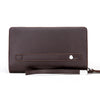 Portefeuille pochette PU marron foncé pour homme avec sangle en cuir et double fermeture éclair.