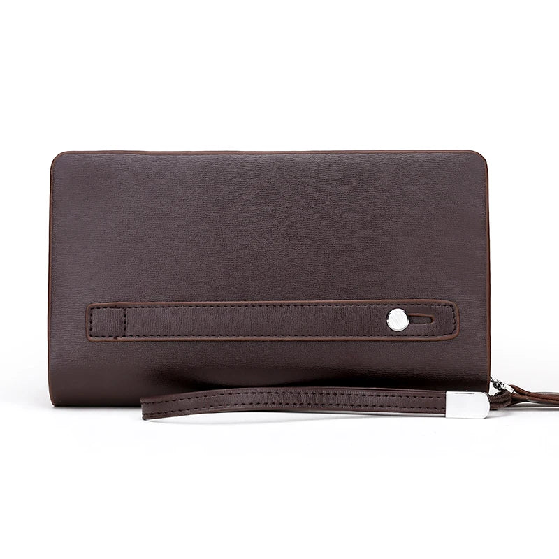 Portefeuille pochette PU marron foncé pour homme avec sangle en cuir et double fermeture éclair.