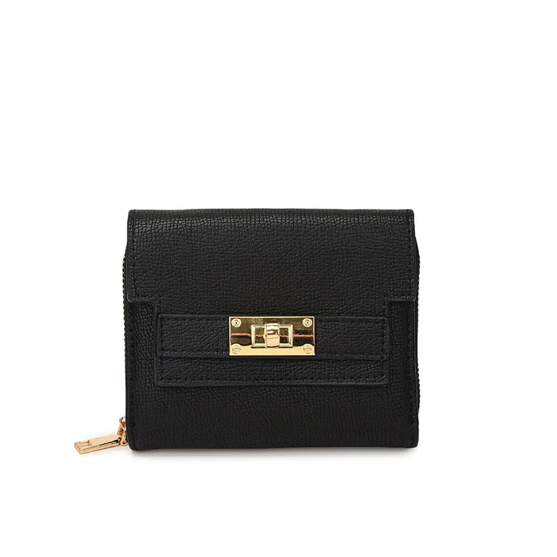 Black leather multi-slot card holder with gold-toned clasp and zipper.