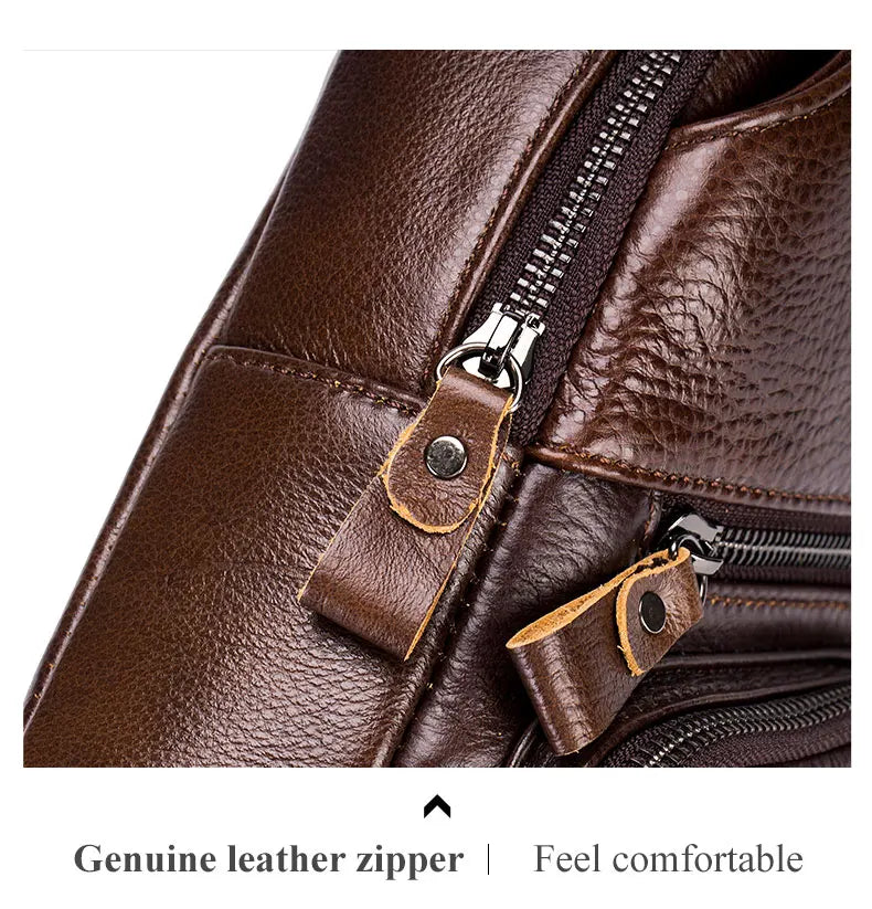 Close-up of a brown genuine leather zipper on a men's crossbody messenger bag