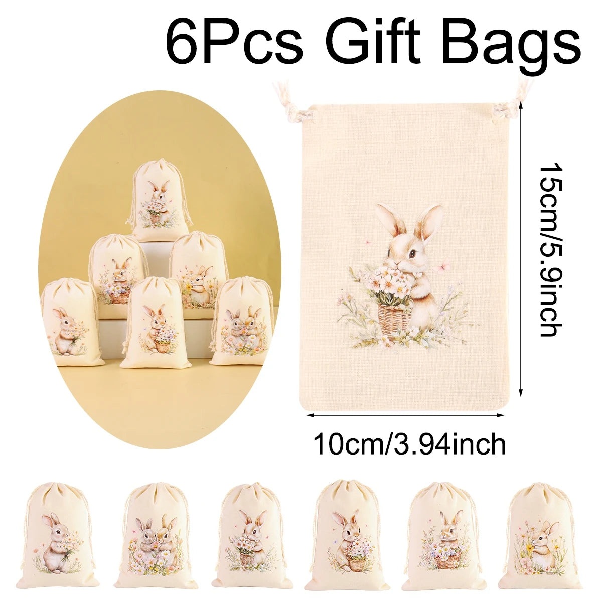 A set of six beige drawstring gift bags featuring embroidered Easter bunny designs.