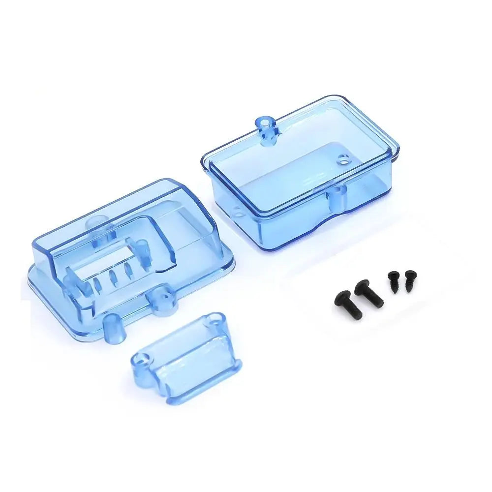 A clear blue waterproof receiver protection box and associated screws for RC cars.