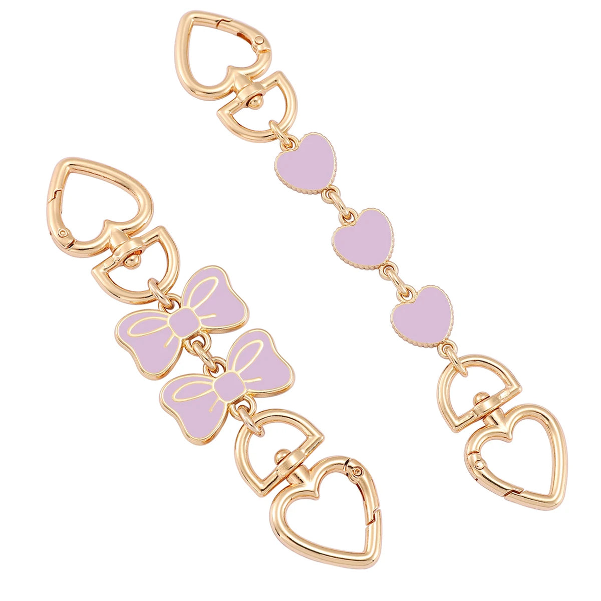 Ensemble d'extenseurs de chaîne pour sac à main couleur or, avec des charms cœur et nœud.