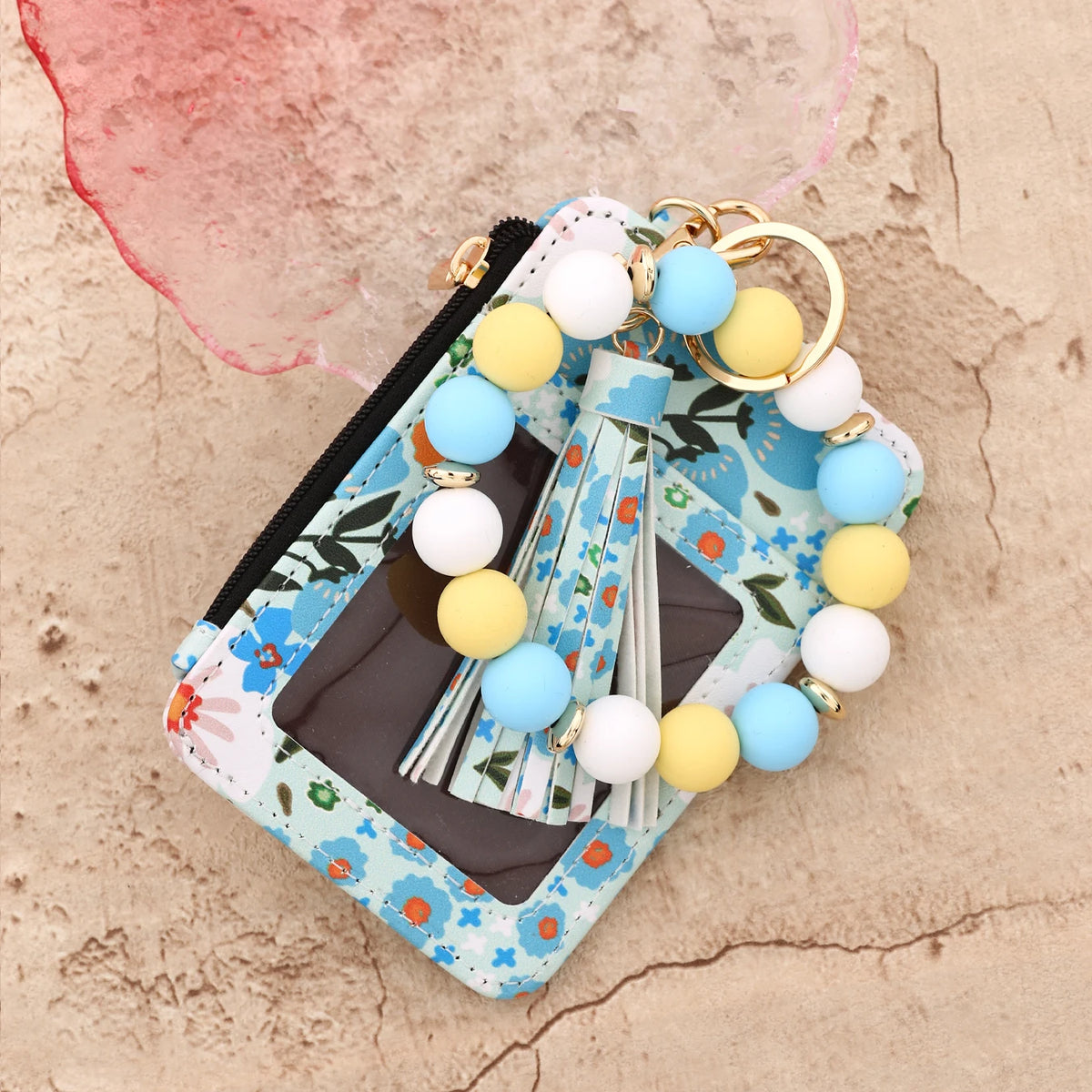 Cartera llavero de cuero PU silicona floral rosa con collar de cuentas azul y amarillo