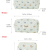 Three sizes of cute printed cat cosmetic storage pouches labeled L, M, and S with corresponding dimensions.
