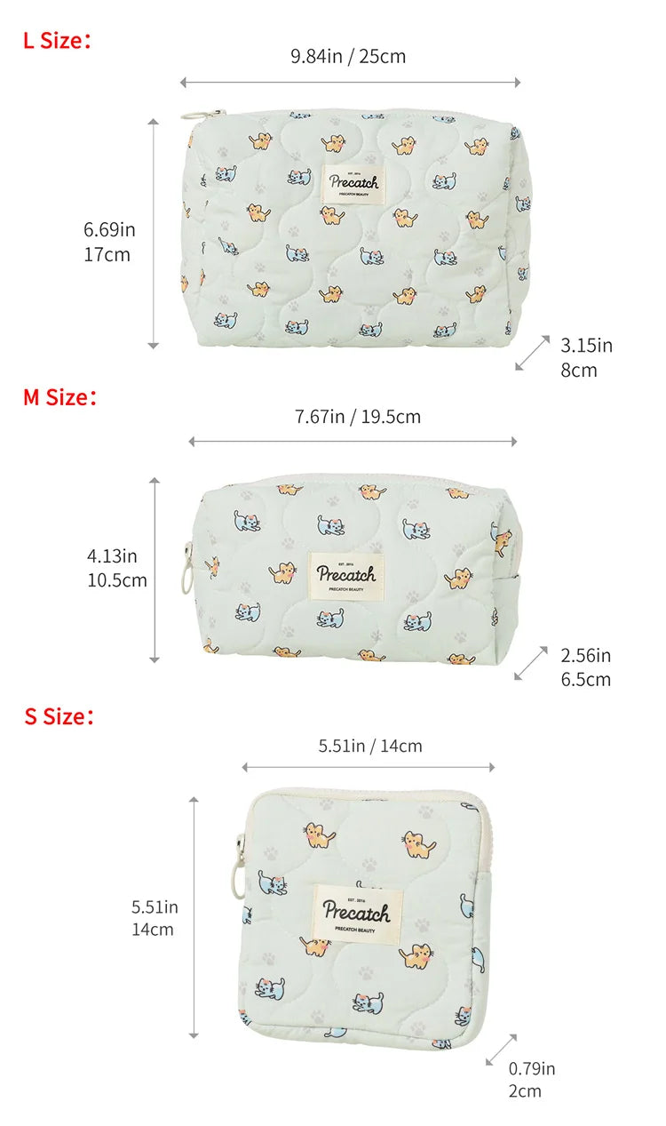 Three sizes of cute printed cat cosmetic storage pouches labeled L, M, and S with corresponding dimensions.