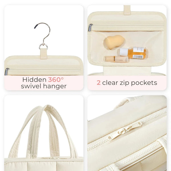 A beige portable hanging cosmetic organizer bag featuring a swivel hanger and two clear zip pockets.
