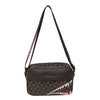 A brown leather square crossbody purse with a geometric pattern and a striped accent.
