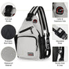 A gray multi-use adjustable chest and shoulder bag with various features like a anti-theft buckle, breathable mesh, waterproo