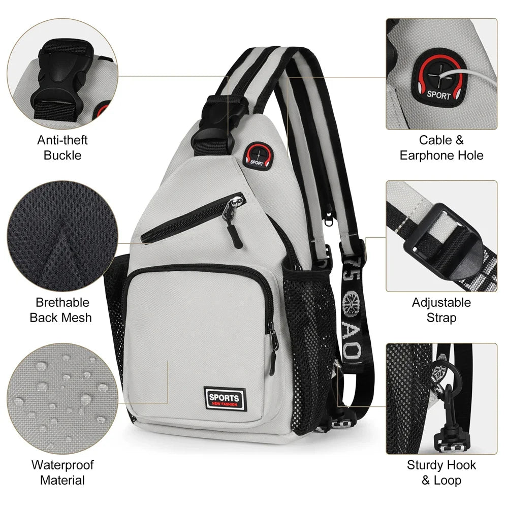 A gray multi-use adjustable chest and shoulder bag with various features like a anti-theft buckle, breathable mesh, waterproo