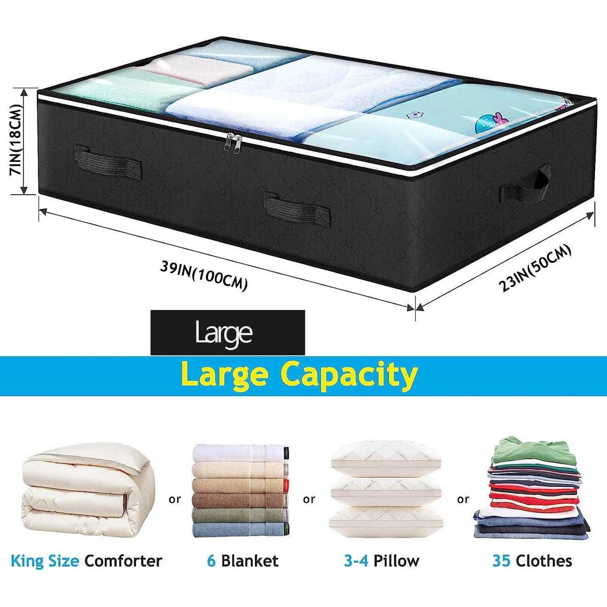 Large under bed storage organizer with compartments for comforters blankets pillows and clothes