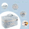 Light blue floral quilted cotton makeup organizer set with a handle and double zipper.