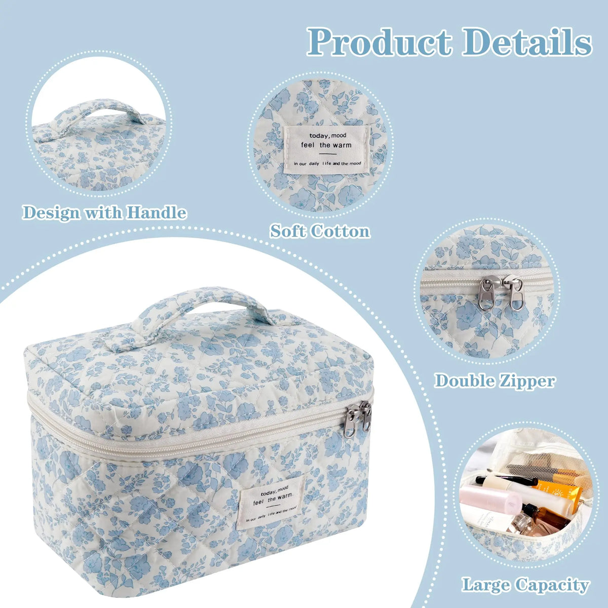 Light blue floral quilted cotton makeup organizer set with a handle and double zipper.