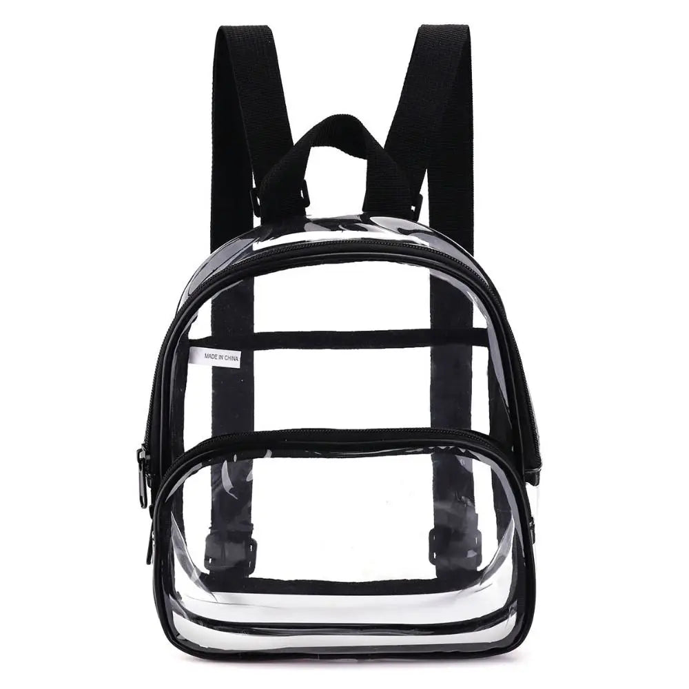 A transparent PVC daypack with black straps and a clear front panel.