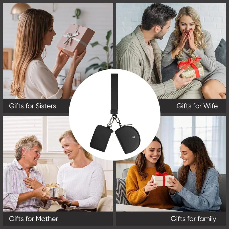 A collage showing various gift ideas for sisters, wives, mothers, and family members, featuring a black dual-zip wristlet wal