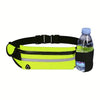 A bright yellow waterproof running waist pack with a black strap and a clear plastic water bottle.