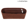 A brown felt bag insert organizer with a zippered compartment and a pull tab.