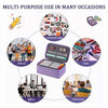 A purple pencil case with dividers shown in various uses including cosmetic bag, school, office, and classroom.