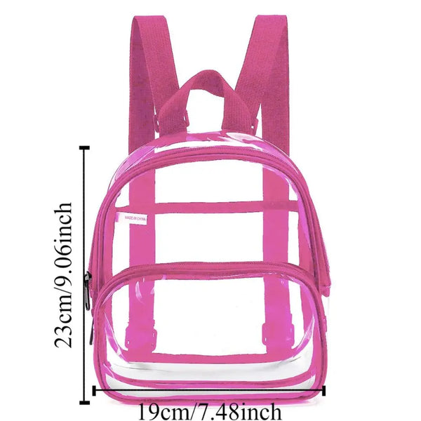 A pink transparent PVC daypack with shoulder straps and a clear front pocket.