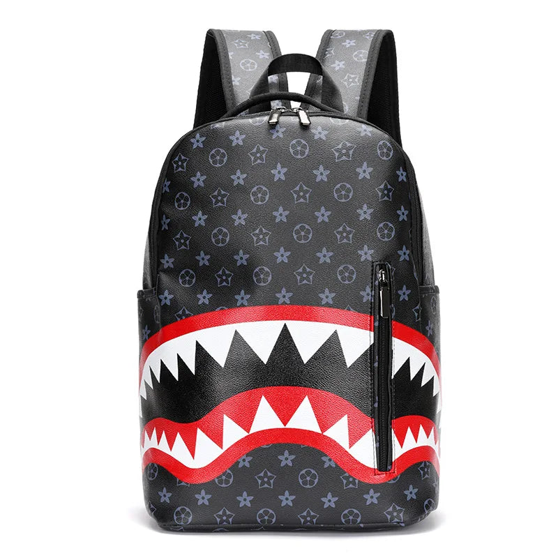Black plaid laptop backpack featuring a red and white tooth pattern design.