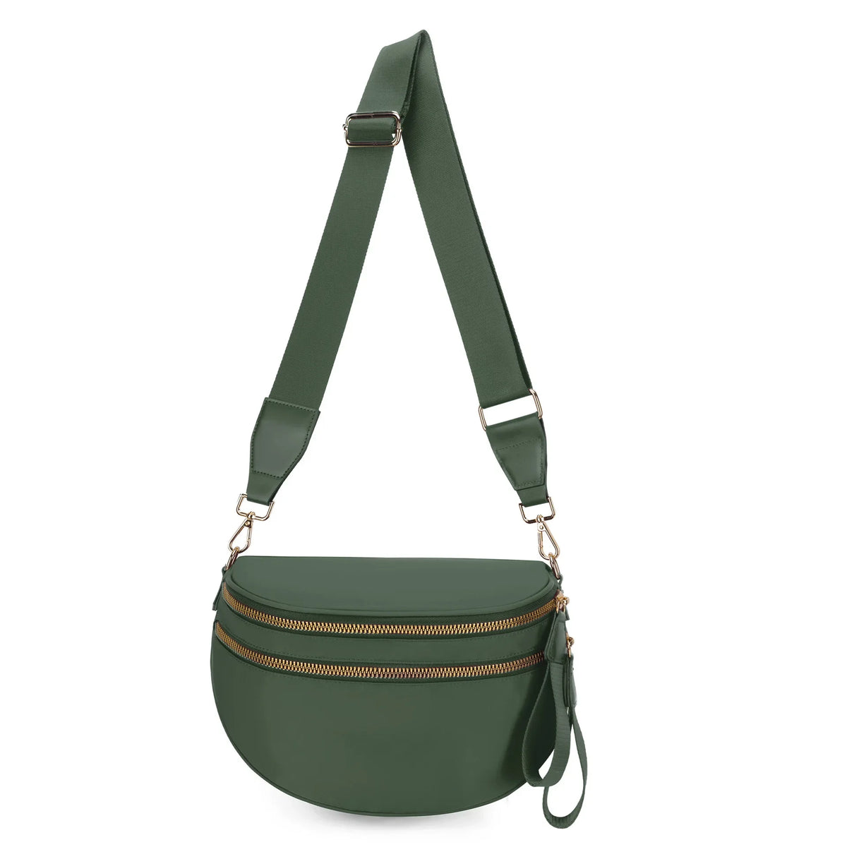 Dunkelolivgrüne karierte Crossbodytasche mit Lederriemen und goldenen Zierdetails.