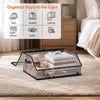 A clear acrylic organizer tray holds various accessories like hats, clothes, scarves, gloves, and belts for closet storage.