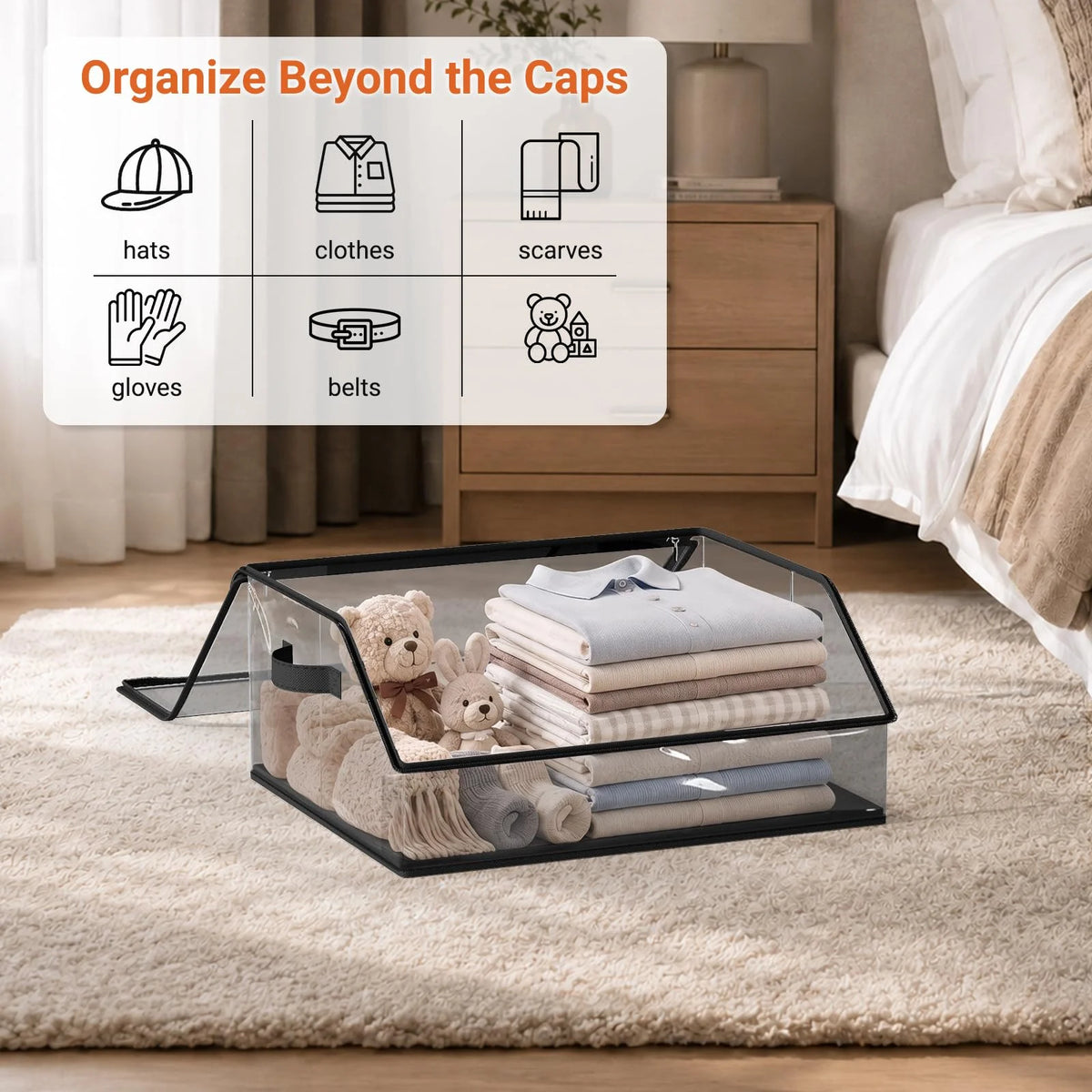 A clear acrylic organizer tray holds various accessories like hats, clothes, scarves, gloves, and belts for closet storage.