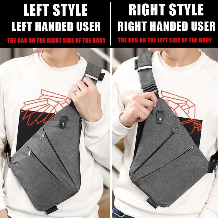 Two views of an anti-theft crossbody chest bag for men, one on the right side and one on the left side of the body.