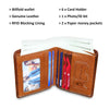 A brown genuine leather bifold wallet showing various card slots and paper money pockets.