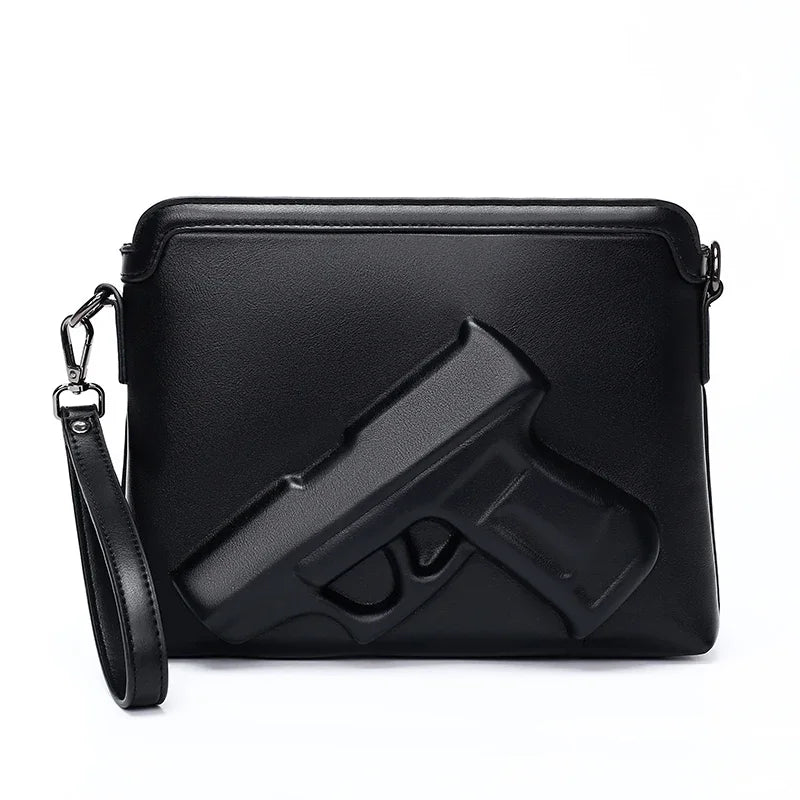 Black men's embossed crossbody clutch bag featuring a silhouette of a handgun.