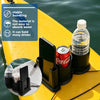 A multi-functional kayak drink holder and phone stand is shown on a yellow kayak, demonstrating stable bundling and water res
