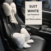 White car seat accessories including a headrest pillow and a waist pillow shown in a car interior.
