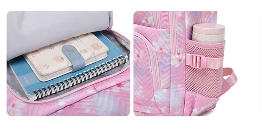 A pink Oxford cloth school backpack filled with notebooks and stacked pink pens.