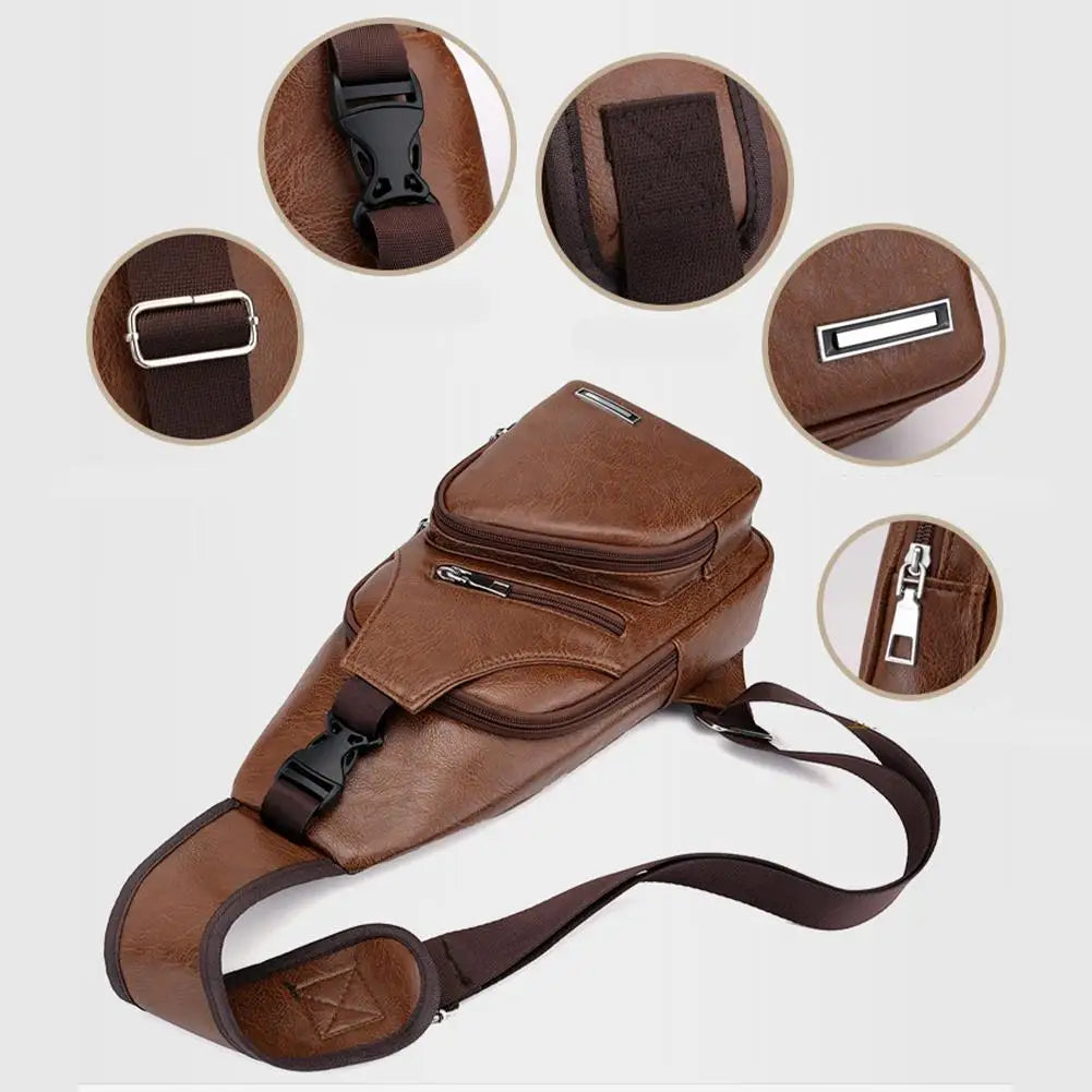 Braune Leder-Crossbody-Tasche für Herren mit Reißverschluss, verschiedene Ansichten.