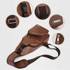Braune Leder-Herren-Crossbodytasche mit Reißverschluss, verschiedene Winkel gezeigt.