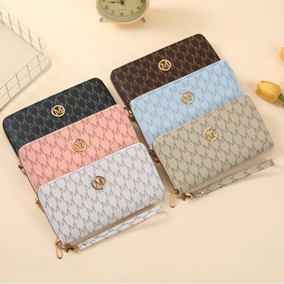 A collection of five multi-functional zipper wallets in various shades of brown, pink, and blue stacked on a light background