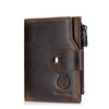 A dark brown genuine leather men's business wallet with a stitched closure and metal accent.
