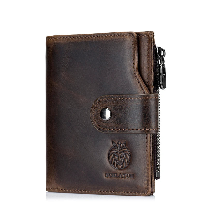 A dark brown genuine leather men's business wallet with a stitched closure and metal accent.