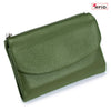 A olive green genuine leather mini card holder wallet with a zippered closure.