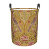 A vintage floral laundry hamper with a yellow background featuring pink and green birds and leaves.