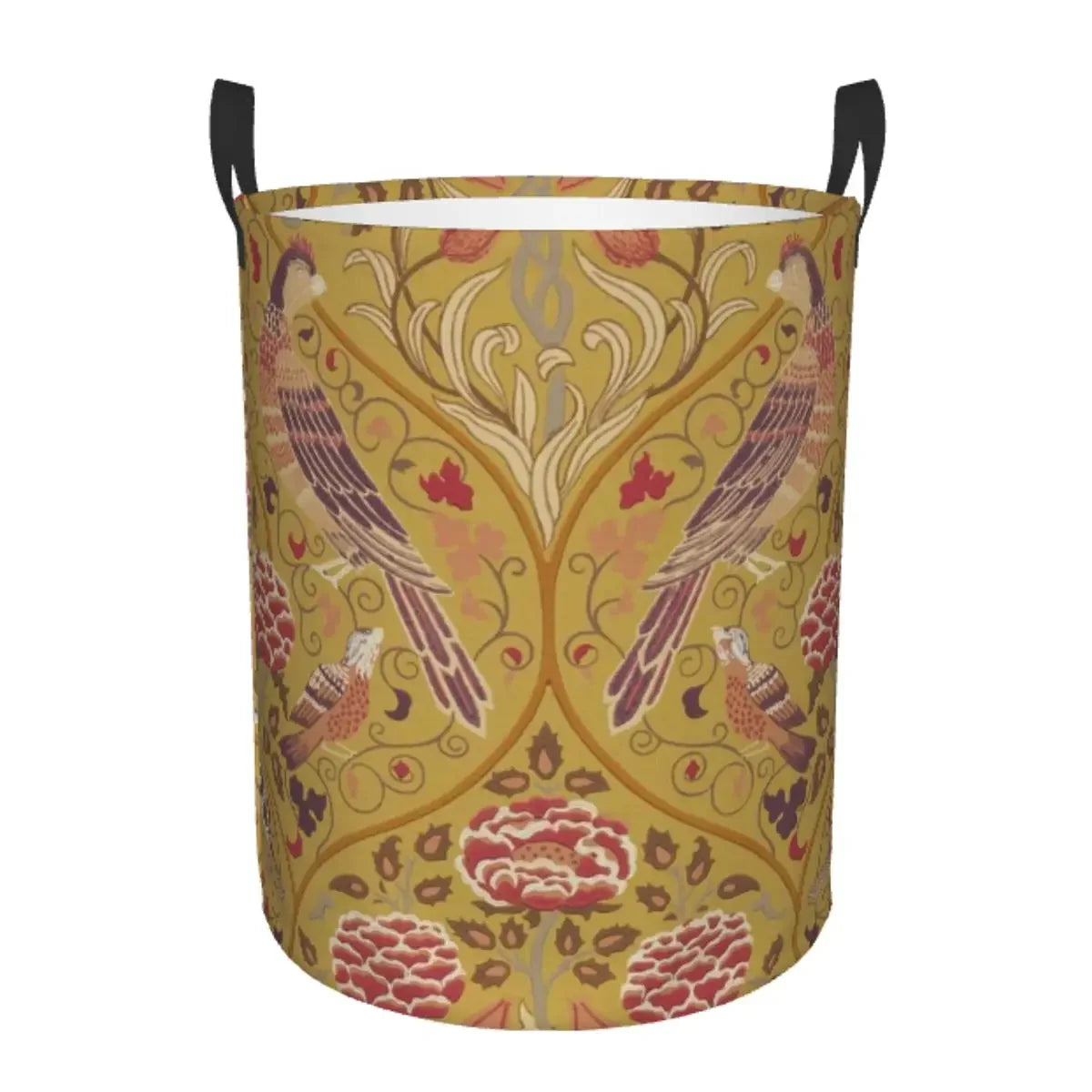 A vintage floral laundry hamper with a yellow background featuring pink and green birds and leaves.