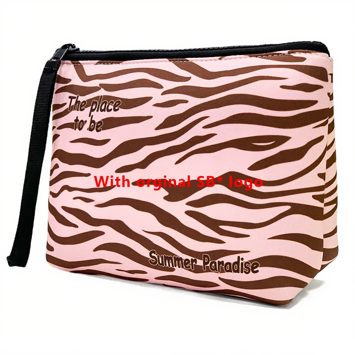 Estuche cosmético de neopreno impermeable con estampado de cebra rosa y marrón y correa negra