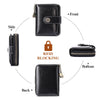 A black leather wallet shown from the front, side, back, and bottom views, highlighting its features.