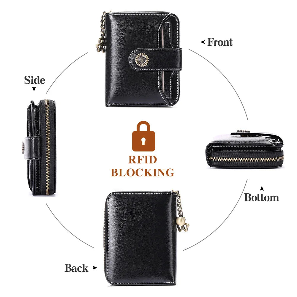 A black leather wallet shown from the front, side, back, and bottom views, highlighting its features.